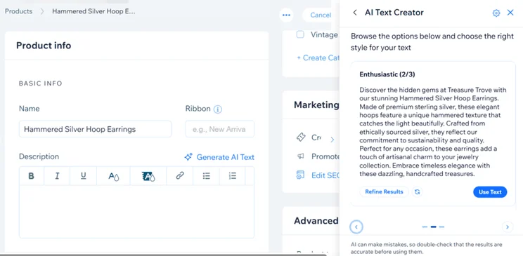 Wix AI text creator being used to generate product descriptions