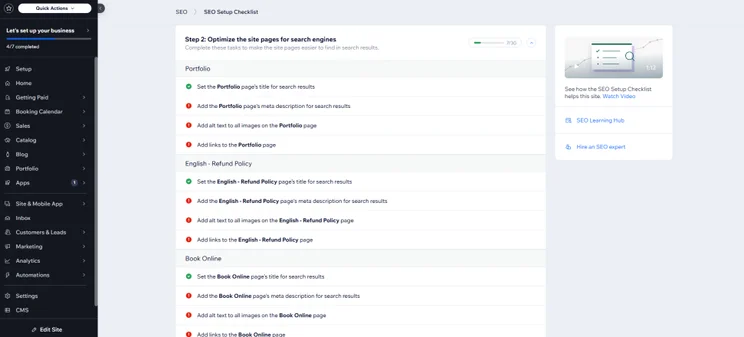 Wix dashboard seo checklist