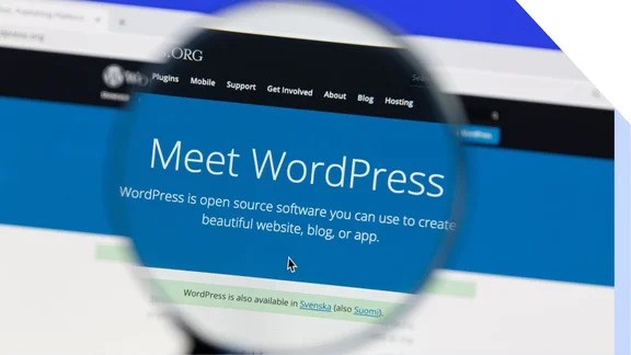 A magnified view of the WordPress homepage showcasing the tagline "Meet WordPress," promoting the platform's capability for creating websites, blogs, or apps.