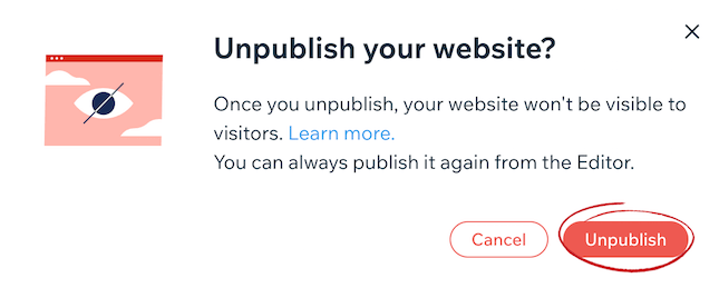 Wix unpublish website button screenshot