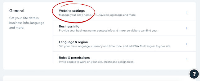 Wix website settings screenshot