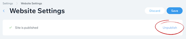 Wix Unpublish button screenshot