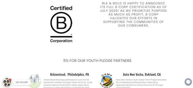 BLK and Bold 2 BLK and Bold B Corp Status page from its Shopify store