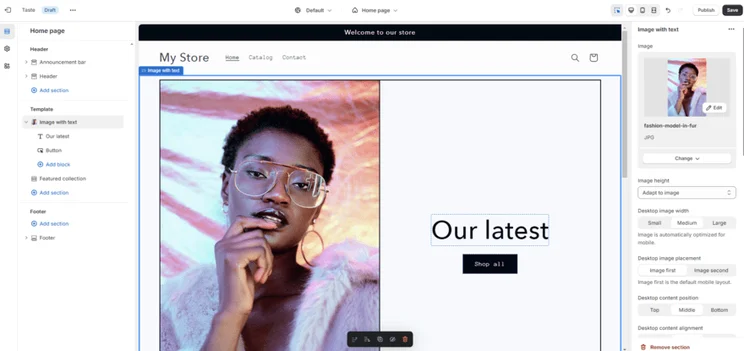 Shopify's website editor showing a homepage image being worked on