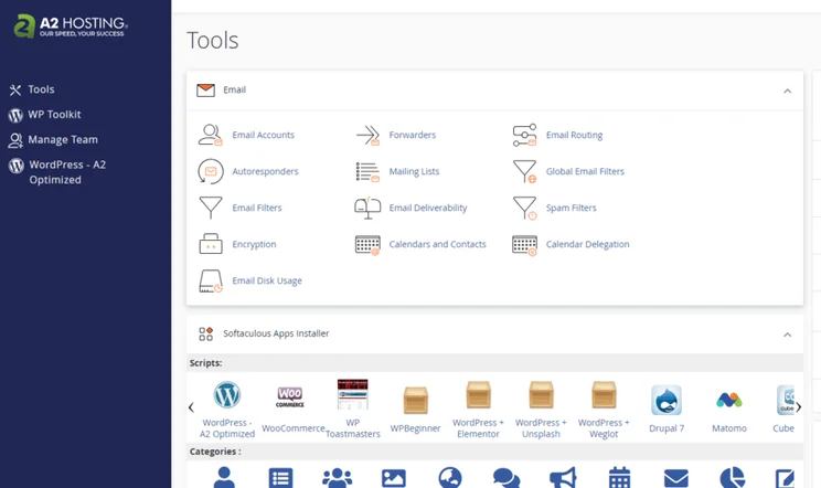 A2 Hosting cPanel dashboard