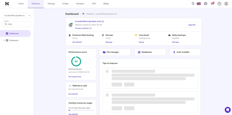 Hostinger's hosting dashboard in pastel purple