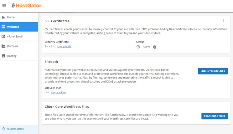 HostGator's website security settings