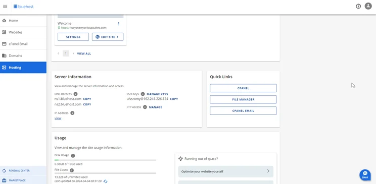 Bluehosts main page for hosting