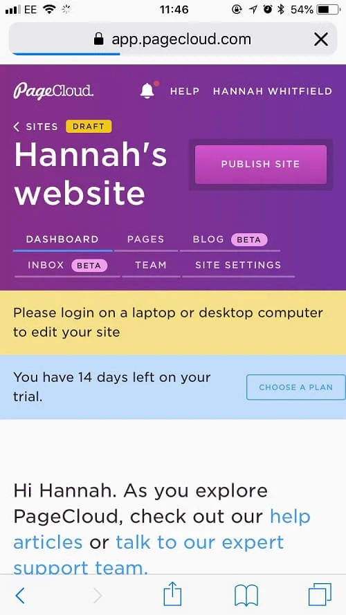 PageCloud mobile editing error message