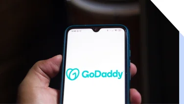 Hand holding a phone with GoDaddy logo on the screen