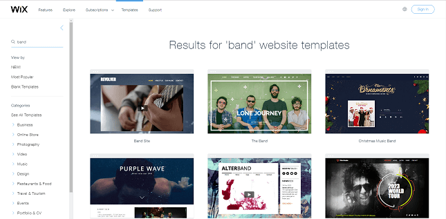 Wix's musician templates