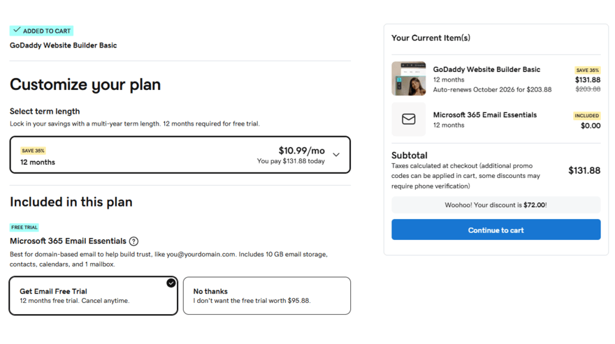 GoDaddy website builder plan checkout GoDaddy Basic website builder plan at checkout, showing add-ons and fees