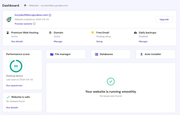 Hostinger dashboard on the Premium Web Hosting plan