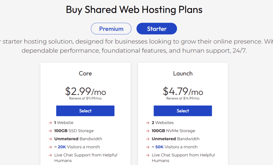 InMotion shared hosting plans and prices