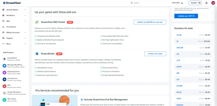 DreamHost main page in site tools