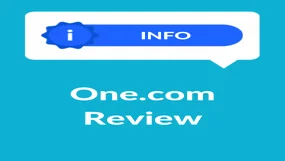 Blue background with "One.com Review" in white text