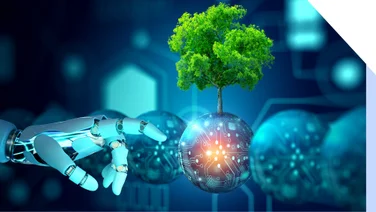 Robot hand reaches out and points at a digital ball with a tree sprouting from it