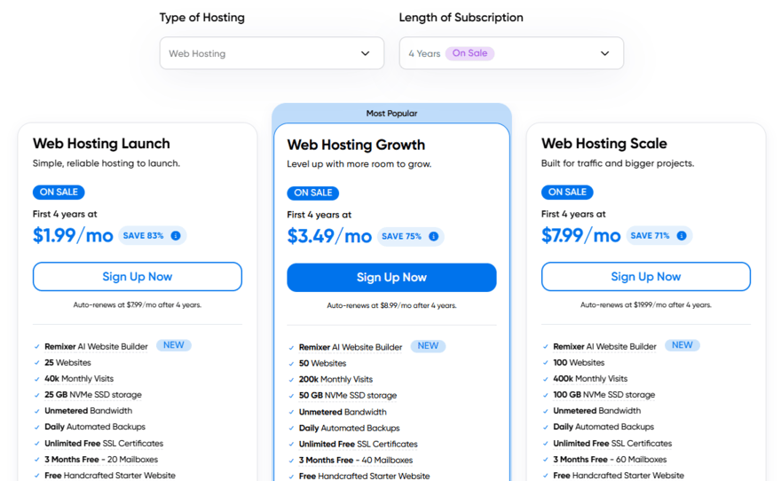 DreamHost shared hosting plans and prices with features listed below the 3 options