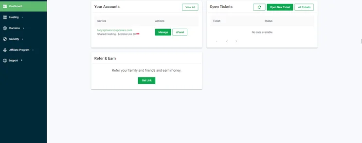 GreenGeeks hosting management dashboard
