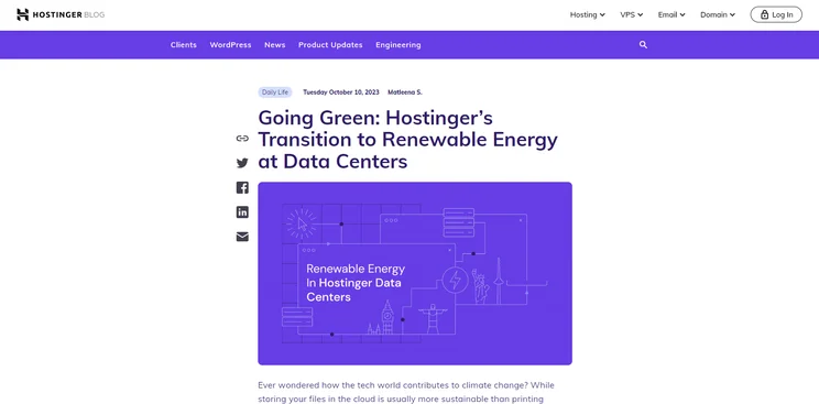 Front cover of Hostinger&rsquo;s blog about renewable energy