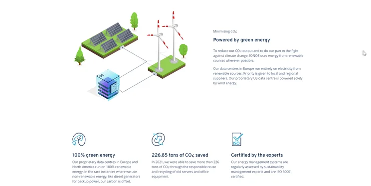 An IONOS webpage with an illustration of renewable energy sources on the left and a short piece of text about IONOS&rsquo;s green initiatives on the right.