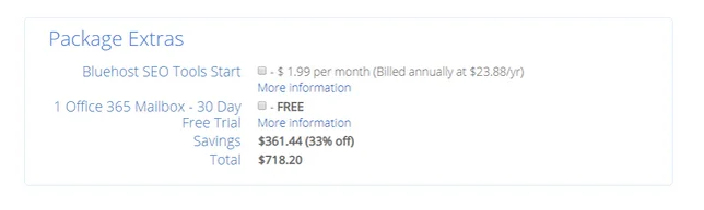 bluehost package signup extras