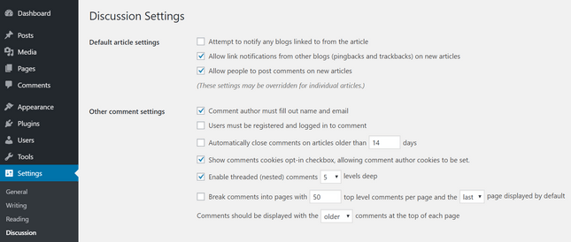 wordpress blog comments settings