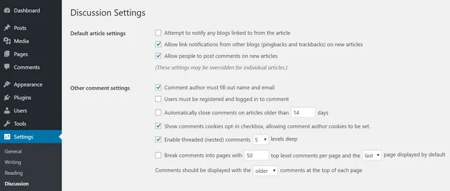wordpress blog comments settings