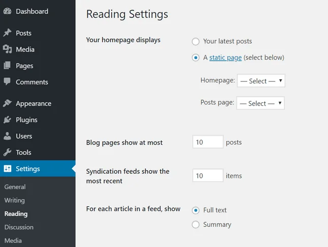 wordpress blog setting static homepage