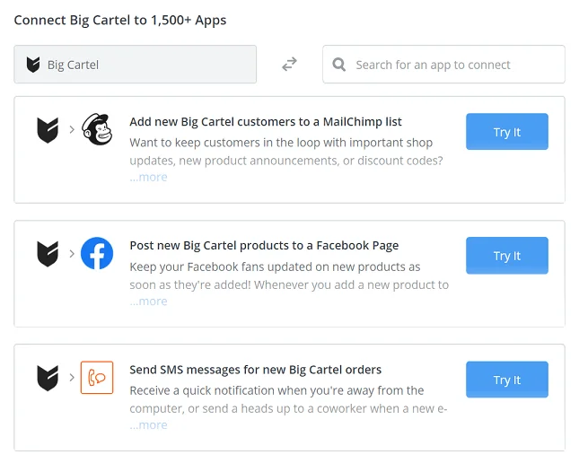 Zapier big cartel apps
