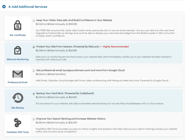 hostgator pricing extra costs checkout