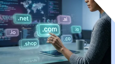 Woman pointing at a selection of floating domain name extensions