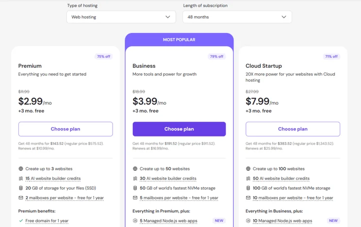 Hostinger's web hosting plans and prices