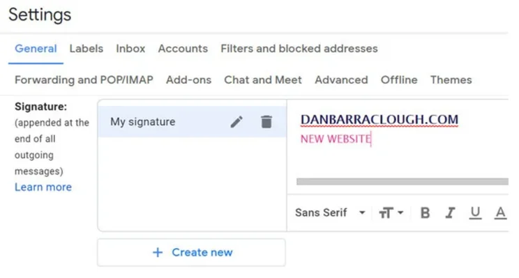 gmail settings adding an email signature