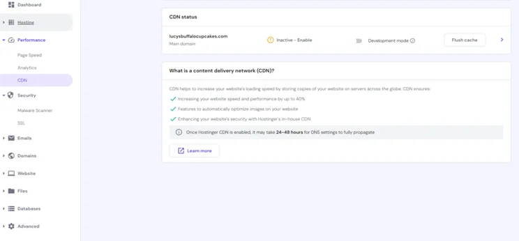 Hostinger's website CDN settings
