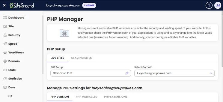 sitegrounds php manager in the cPanel