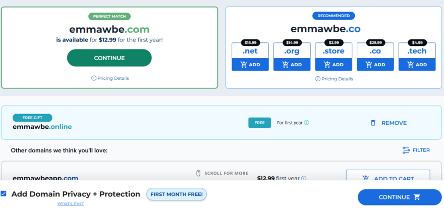 Bluehost domain options and prices