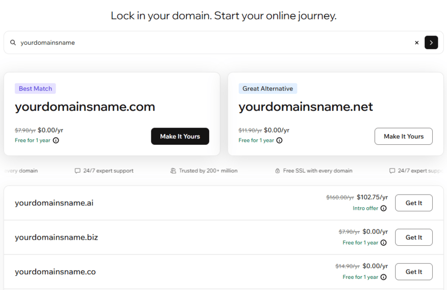 Domain results from Wix for the name "yourdomainname", showing different extensions and pricing