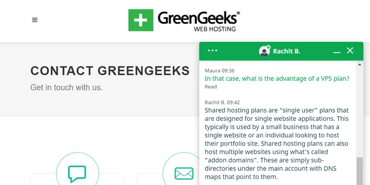 GreenGeeks live chat popup talking to help and support guru: user text is in green, guru answers in black text