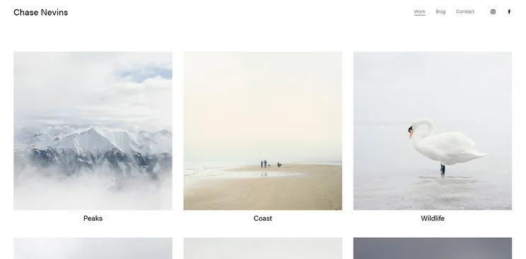 Screenshot of a Squarespace homepage featuring a square gallery collage of photographs