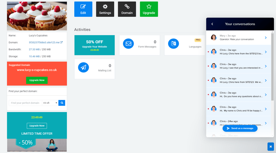 cheapest website builders site123 live chat support