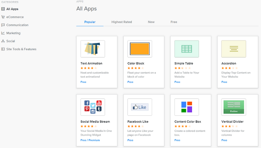 weebly has an extensive app center
