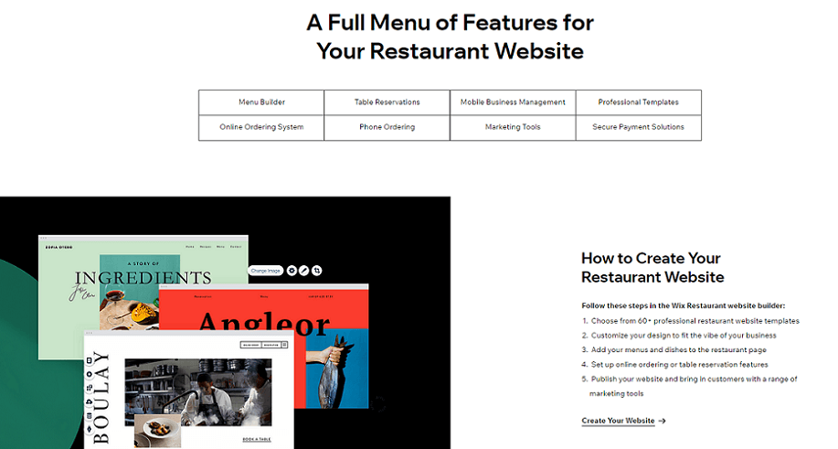 wix restaurant website features