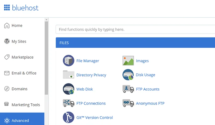 bluehost cpanel menu with small infographics to denote category