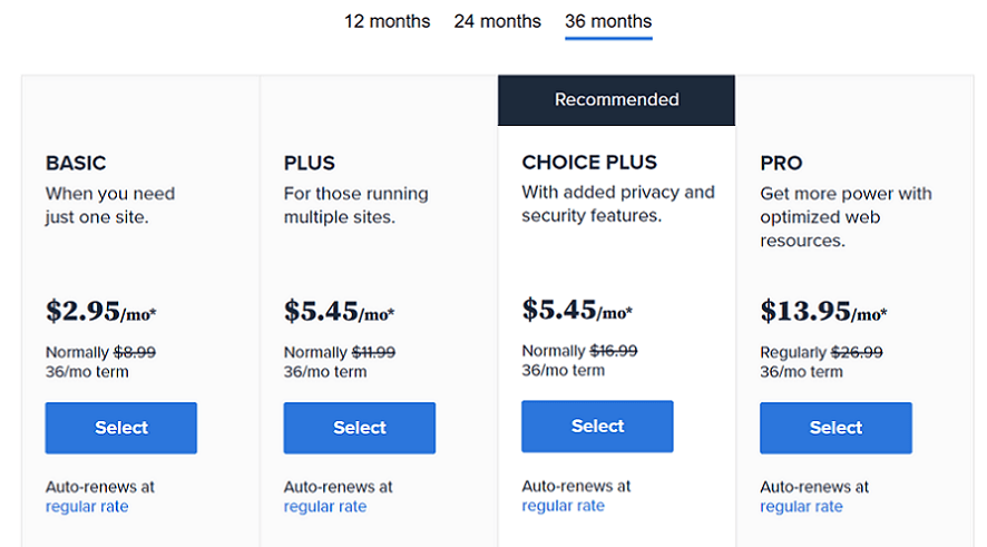bluehost shared hosting price plans start at $2.95 per month
