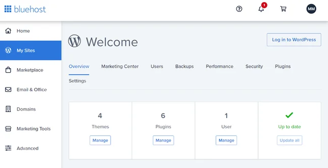 Bluehost dashboard featuring WordPress site management tools