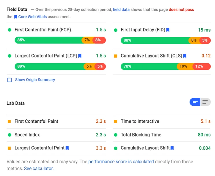 pagespeed insight result core web vitals