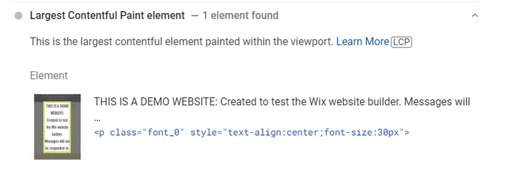 wix demo site LCP pagespeed identifier