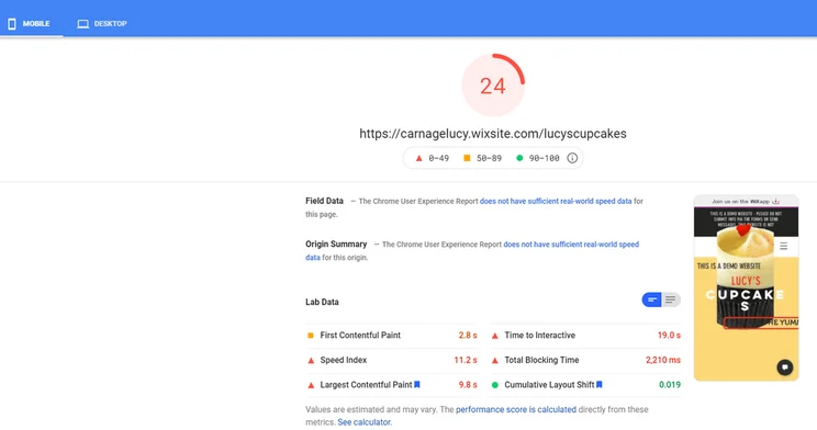 lucys cupcakes mobile pagespeed score