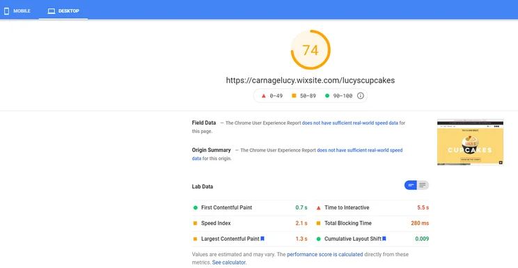 lucys cupcakes desktop pagespeed score